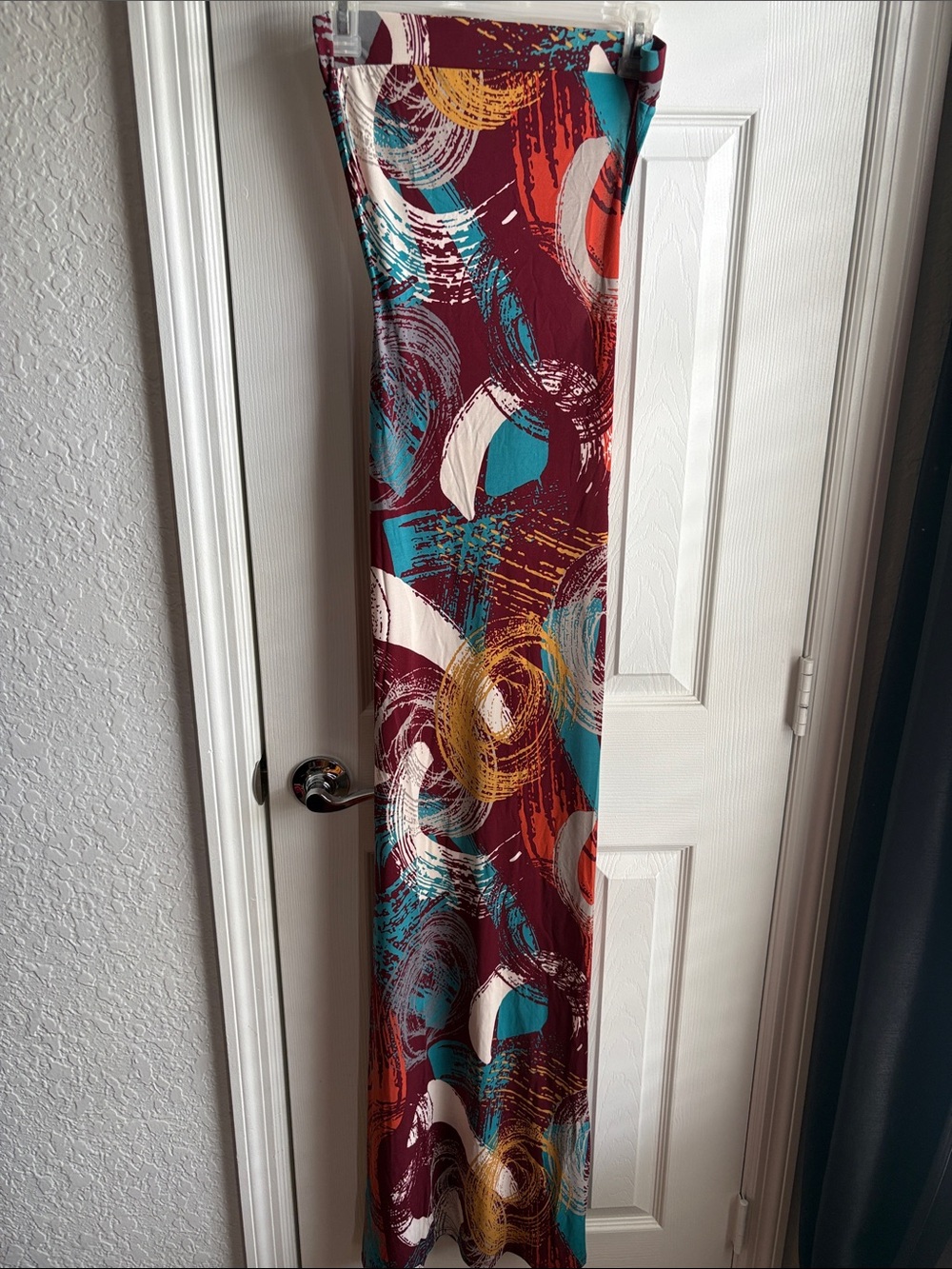Abstract Swirl Maxi Skirt with BackOut- Burgundy, Teal & Mustard